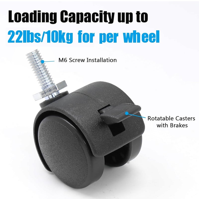 Suiwotin 4pcs 1 Inch Swivel Caster Wheels, M6 Threaded Stem Caster Wheels with Brake, Heavy Duty Casters, Black Nylon Wheel Replacement for Furniture, Table, Cabinet, Shelf - Image 4